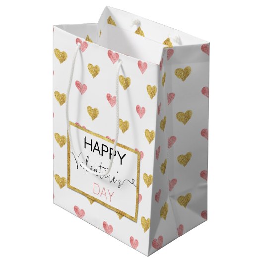 Valentijnsdag Gold Pink Hearts Medium Gift Bag Medium Cadeauzakje (Voorkant Gekanteld)