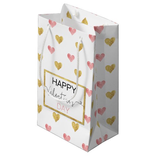 Valentijnsdag Gold Pink Hearts - Small Gift Bag Klein Cadeauzakje (Voorkant Gekanteld)