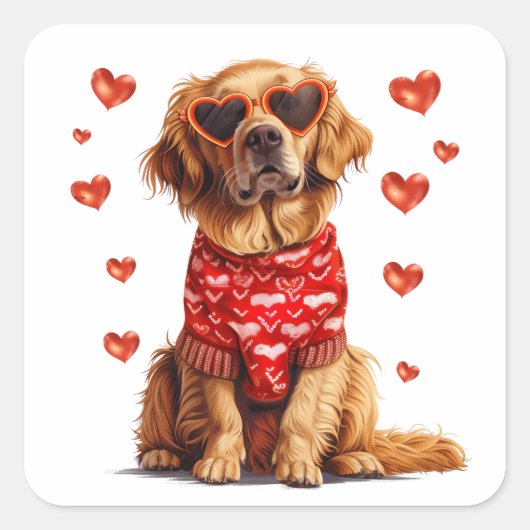 Valentijnsdag Golden Retriever Dog Vierkante Sticker (Voorkant)