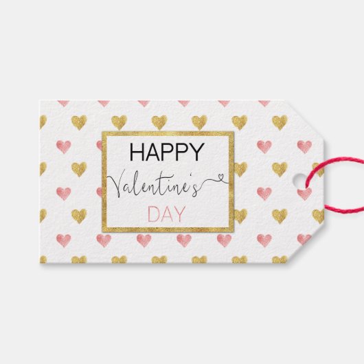 Valentijnsdag Goud Roze Glitter Hearts Gift Label Cadeaulabel (Voorkant (Horizontaal))