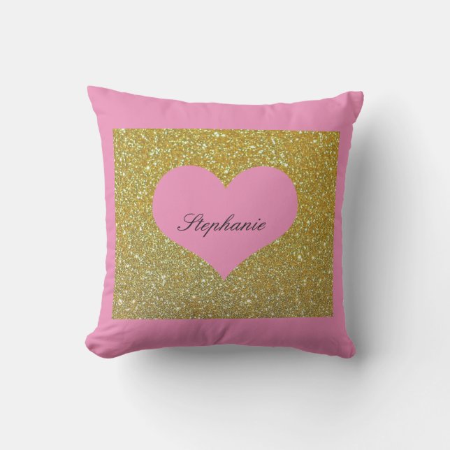 Valentijnsdag Gouden Glitter Monogram Hart Roze Buitenkussen (Voorkant)