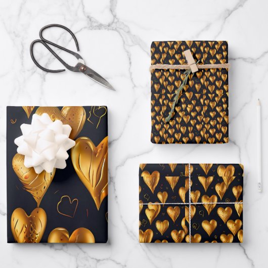 Valentijnsdag Gouden Harten van Liefde Inpakpapier Vel (Voorkant)