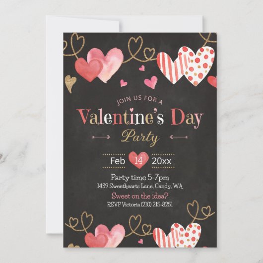Valentijnsdag Hart Chalkboard Roze Invitation Kaart (Voorkant)