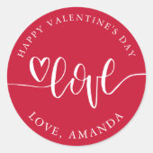 Valentijnsdag hart liefde hand-belettering rood ronde sticker (Voorkant)