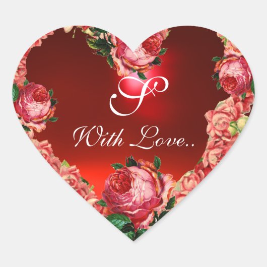 VALENTIJNSDAG HART MET PINKROSES MONOGRAM STICKER (Voorkant)