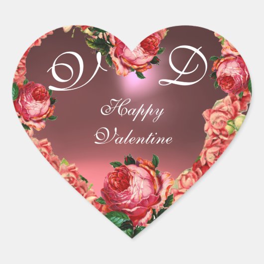 VALENTIJNSDAG HART MET PINKROSES MONOGRAM STICKER (Voorkant)