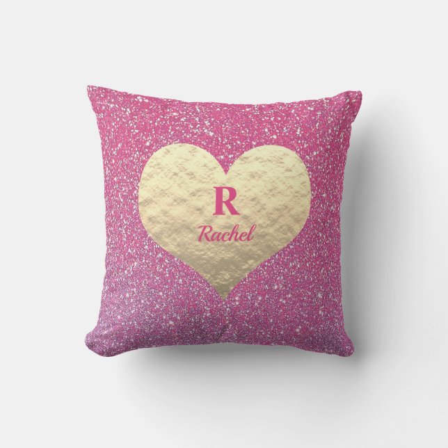 Valentijnsdag hart monogram goud roze glitter buitenkussen (Voorkant)