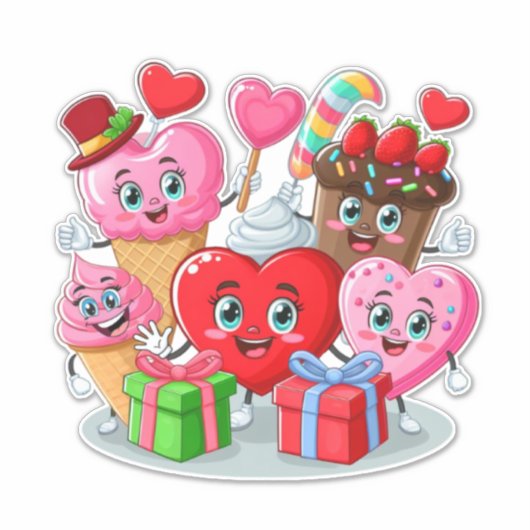 Valentijnsdag hart & snoep vrienden sticker (Voorkant)