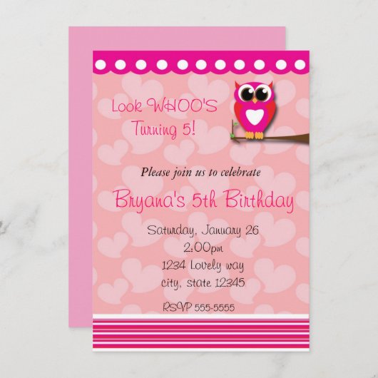 Valentijnsdag Hart Uil Verjaardagsuitnodiging Kaart (Voorkant / Achterkant)