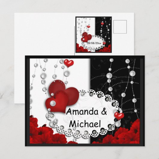 Valentijnsdag harten en kralen parelrood zwart met uitnodiging briefkaart (Voorkant / Achterkant)