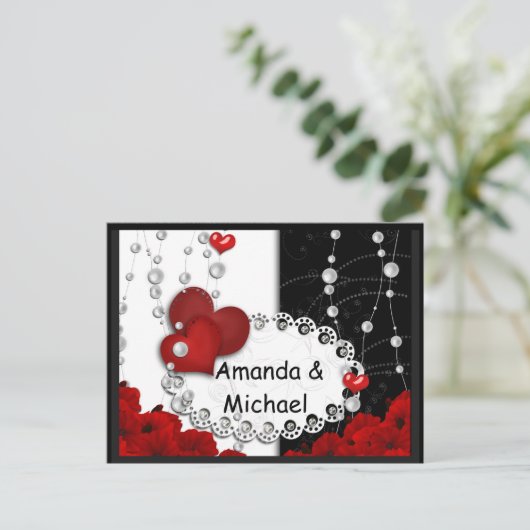 Valentijnsdag harten en kralen parelrood zwart met uitnodiging briefkaart (Staand voorkant)