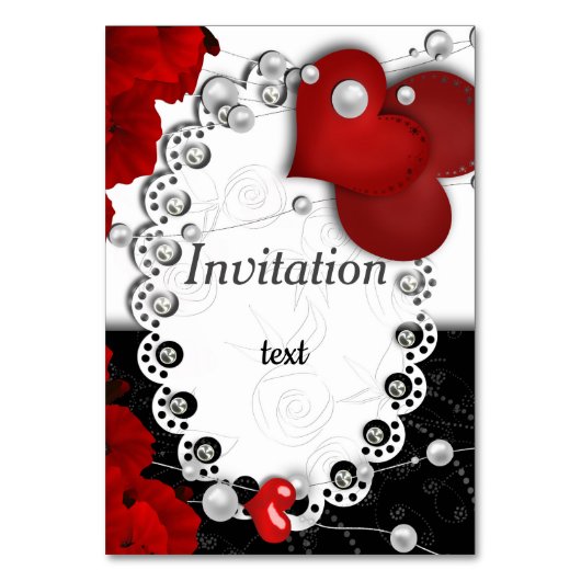 Valentijnsdag harten en kralen parelrood zwart wit kaart (Voorkant)