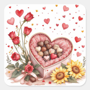 Valentijnsdag harten, Rozen en chocolade Vierkante Sticker
