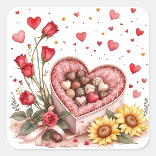 Valentijnsdag harten, Rozen en chocolade Vierkante Sticker (Voorkant)