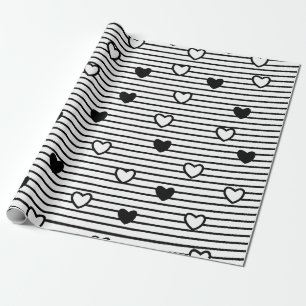 Valentijnsdag Harten Zwart Wit Strepen Patroon Cadeaupapier