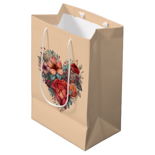 Valentijnsdag Heart en Flowers Medium Cadeauzakje (Voorkant Gekanteld)