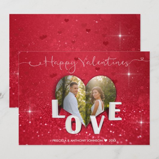 Valentijnsdag Heart Red Glitter - Fotokaart Feestdagenkaart (Voorkant / Achterkant)