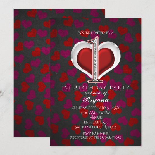 Valentijnsdag Hearts 1e Verjaardagsuitnodigingen Kaart (Voorkant / Achterkant)