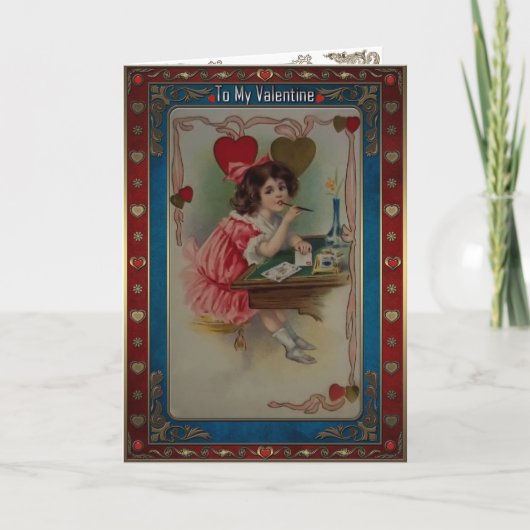 Valentijnsdag - Het meisje schreef een liefdesbrie Feestdagen Kaart (Voorkant)