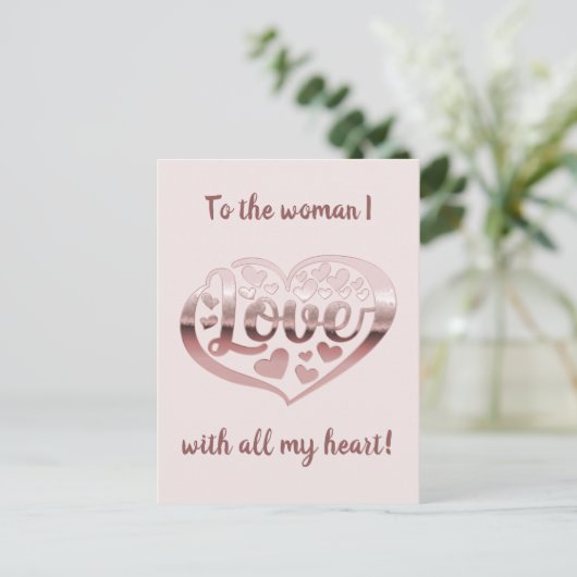 Valentijnsdag houdt van hart metallisch roos goudr briefkaart (Staand voorkant)