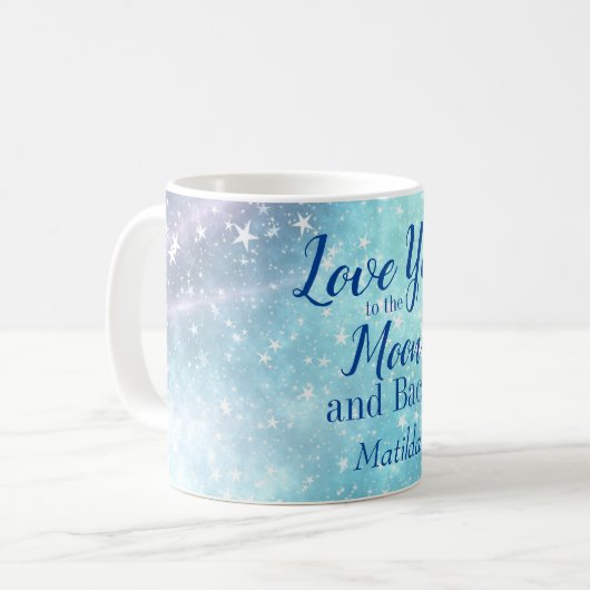 Valentijnsdag houdt van je naar de maan Blue Perso Koffiemok (Voorkant links)