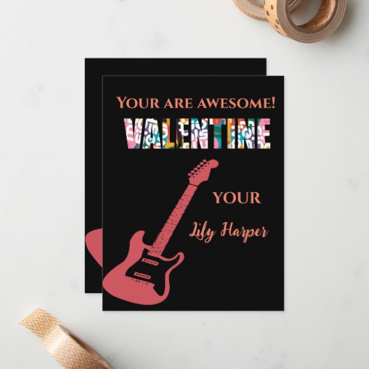 Valentijnsdag Jij Rockt Rode Gitaar Kinderen Valen Notitiekaartje (Voorkant / Achterkant in situ)