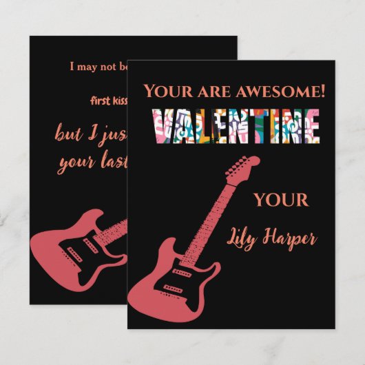 Valentijnsdag Jij Rockt Rode Gitaar Kinderen Valen Notitiekaartje (Voorkant / Achterkant)