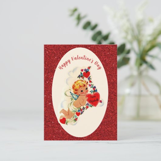  Valentijnsdag Kaart Rode Cupido Glitter (Staand voorkant)