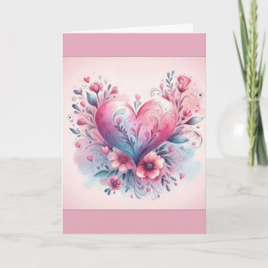 Valentijnsdag kaart Roze Bloemen Roze Hart (Voorkant)