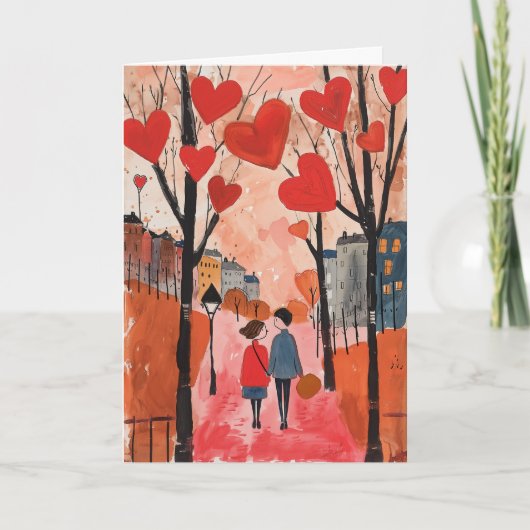 Valentijnsdag kaart - Stel wandelt in het park (Voorkant)