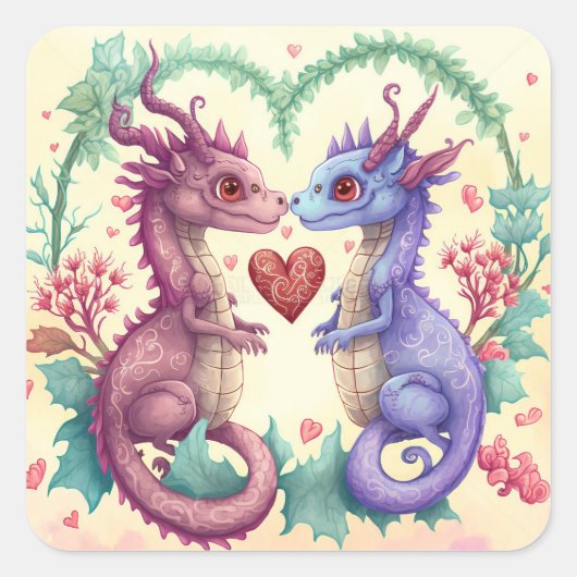 Valentijnsdag Kaart van Violet Dragon Couple Vierkante Sticker (Voorkant)
