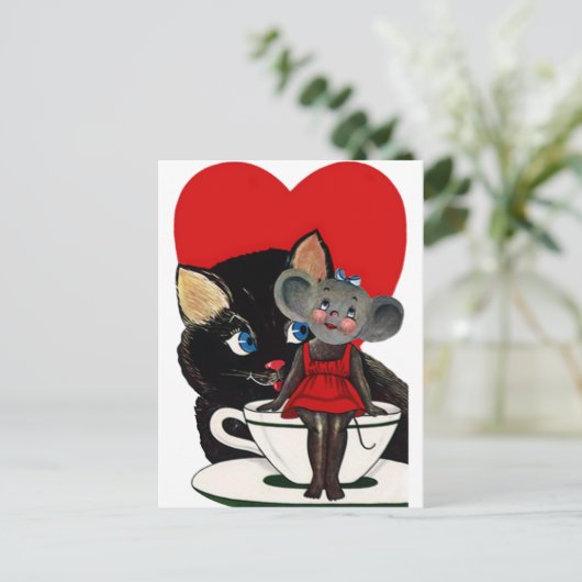  Valentijnsdag, kat-muis-theebeker Briefkaart (Staand voorkant)