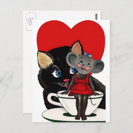 Valentijnsdag, kat-muis-theebeker Briefkaart (Voorkant / Achterkant)