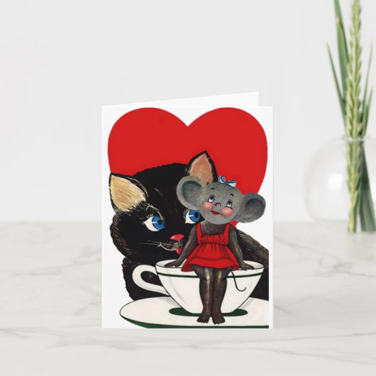 Valentijnsdag, kat-muis-theebeker Feestdagen Kaart (Voorkant)