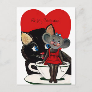  Valentijnsdag, kat-muis-theebeker Feestdagenkaart