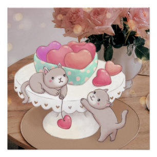 Valentijnsdag: Katten, Hartkoekjes & Bloemen Perfect Poster