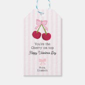 Valentijnsdag Kers op Top Coquette Strepen Cadeaulabel (Voorkant)