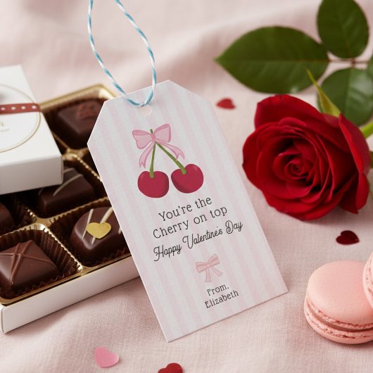 Valentijnsdag Kers op Top Coquette Strepen Cadeaulabel