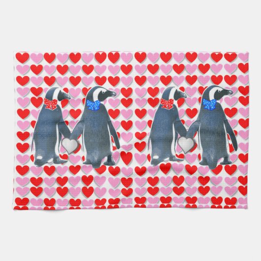 Valentijnsdag Keukenhanddoek, Penguin Theedoek (Horizontaal)