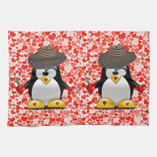 Valentijnsdag Keukenhanddoek, Penguin Theedoek (Horizontaal)