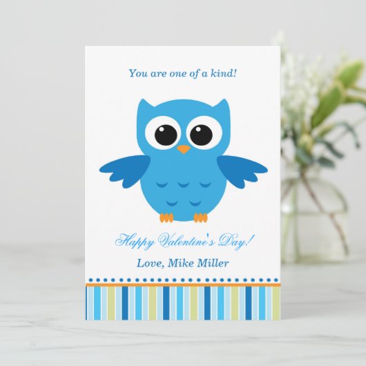 Valentijnsdag Kind Owl Blue Wenskaart Feestdagenkaart (Staand voorkant)