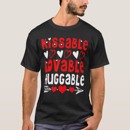 Valentijnsdag Kissable Lovable Huggable Funny V- T-shirt (Voorkant)