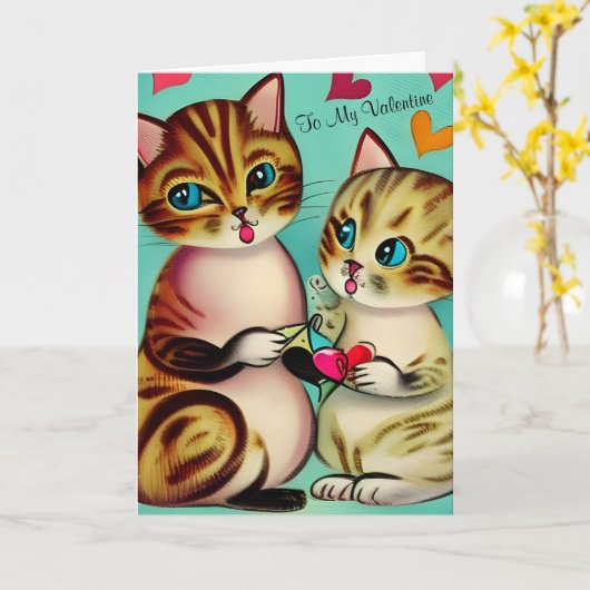  Valentijnsdag Kittens Retro Valentijn Cat Kaart (Gele Bloem)