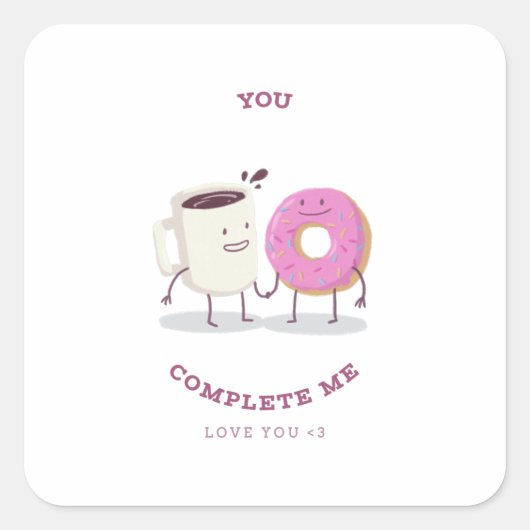 Valentijnsdag koffie en donut karakter vierkante sticker (Voorkant)