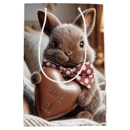 Valentijnsdag konijntje met chocoladehart medium cadeauzakje (Voorkant)