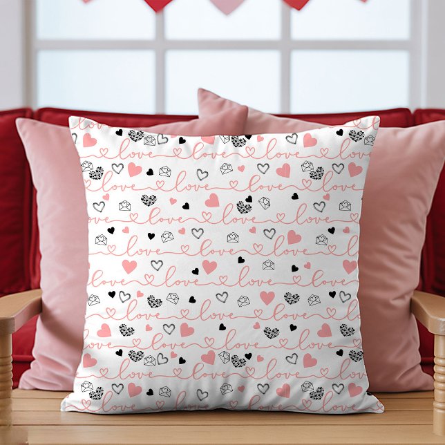 Valentijnsdag Kussen Roze Zwarte Harten Schets  (Valentine’s Day Pillow Pink Black Hearts Sketch Art)