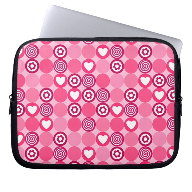 Valentijnsdag Leuke Roze Hart- en Bloemenstippenpa Laptop Sleeve (Voorkant)