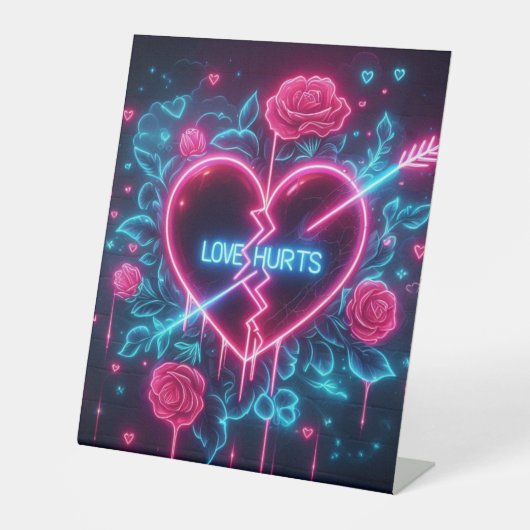 Valentijnsdag liefde doet pijn Neon hart Reclamebord Met Voetstuk (Voorkant)