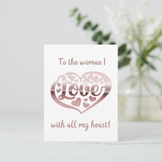 Valentijnsdag liefde hart metallic roos goud wit feestdagenkaart (Staand voorkant)