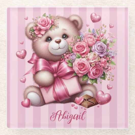 Valentijnsdag Liefde Roos Beer Glazen Onderzetter (Voorkant)